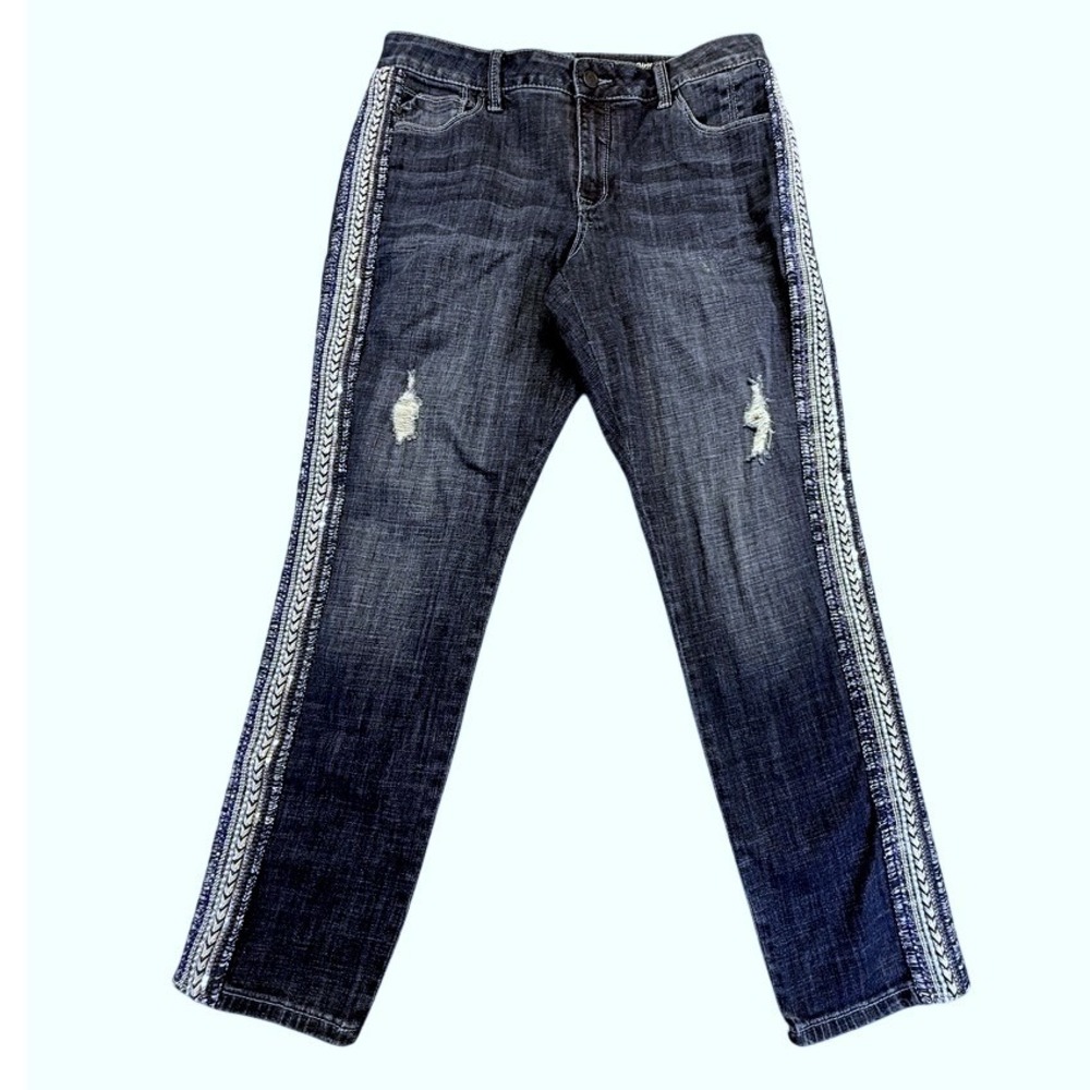 Laurie Felt Classic Girlfriend Jeans Dark Wash Distressed Side Stripe Sequin 8